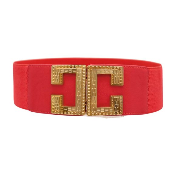 New Women Coral Pink Red Elastic Wide Fashion Belt Gold Metal C Buckle Size S M - Picture 11 of 17